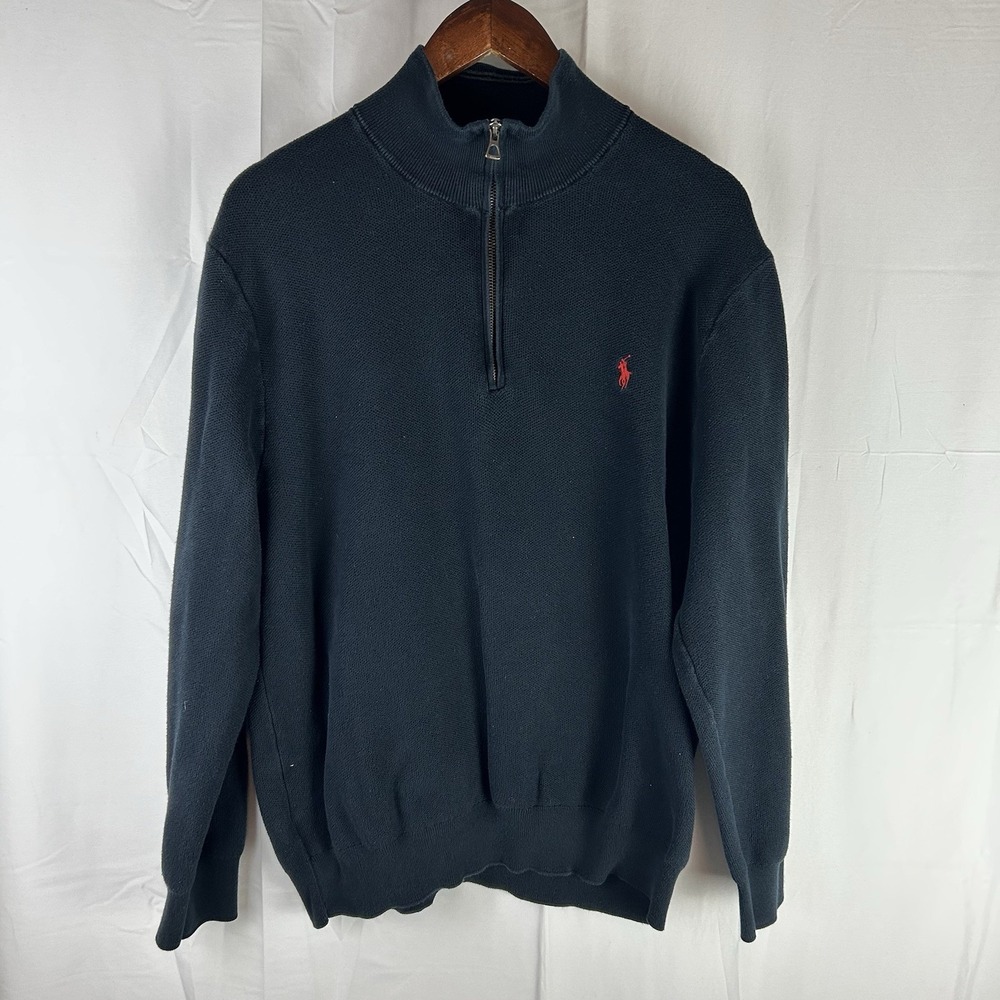 Polo Ralph Lauren Sweater Mens XXL Fit XL Black 1/4 Quarter Zip Mock Neck Preppy